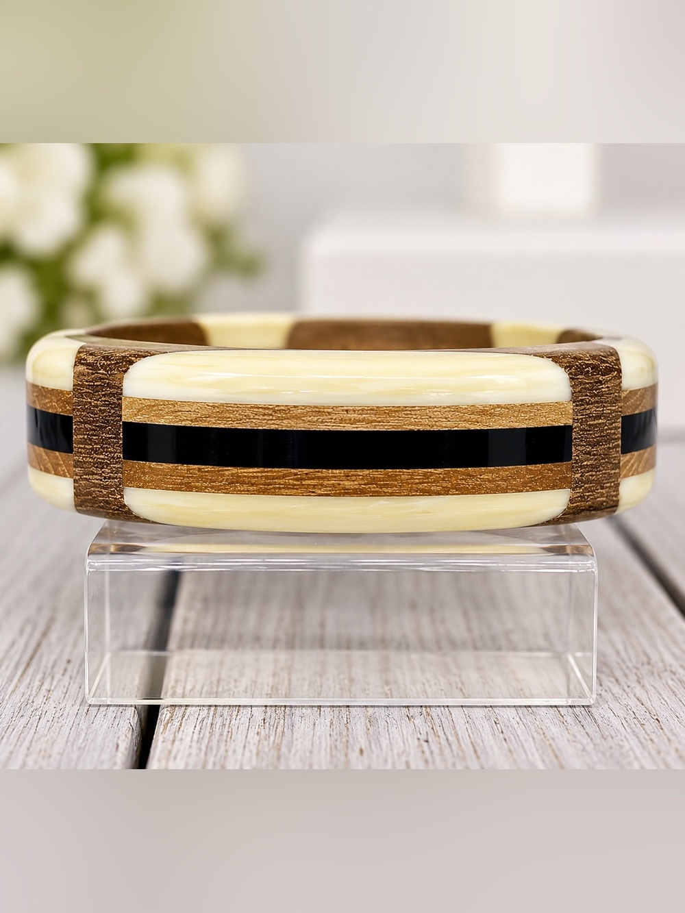 528. Vintage 70s Bone Inlay Wood Bangle Bracelet Geometric Mod Chunky